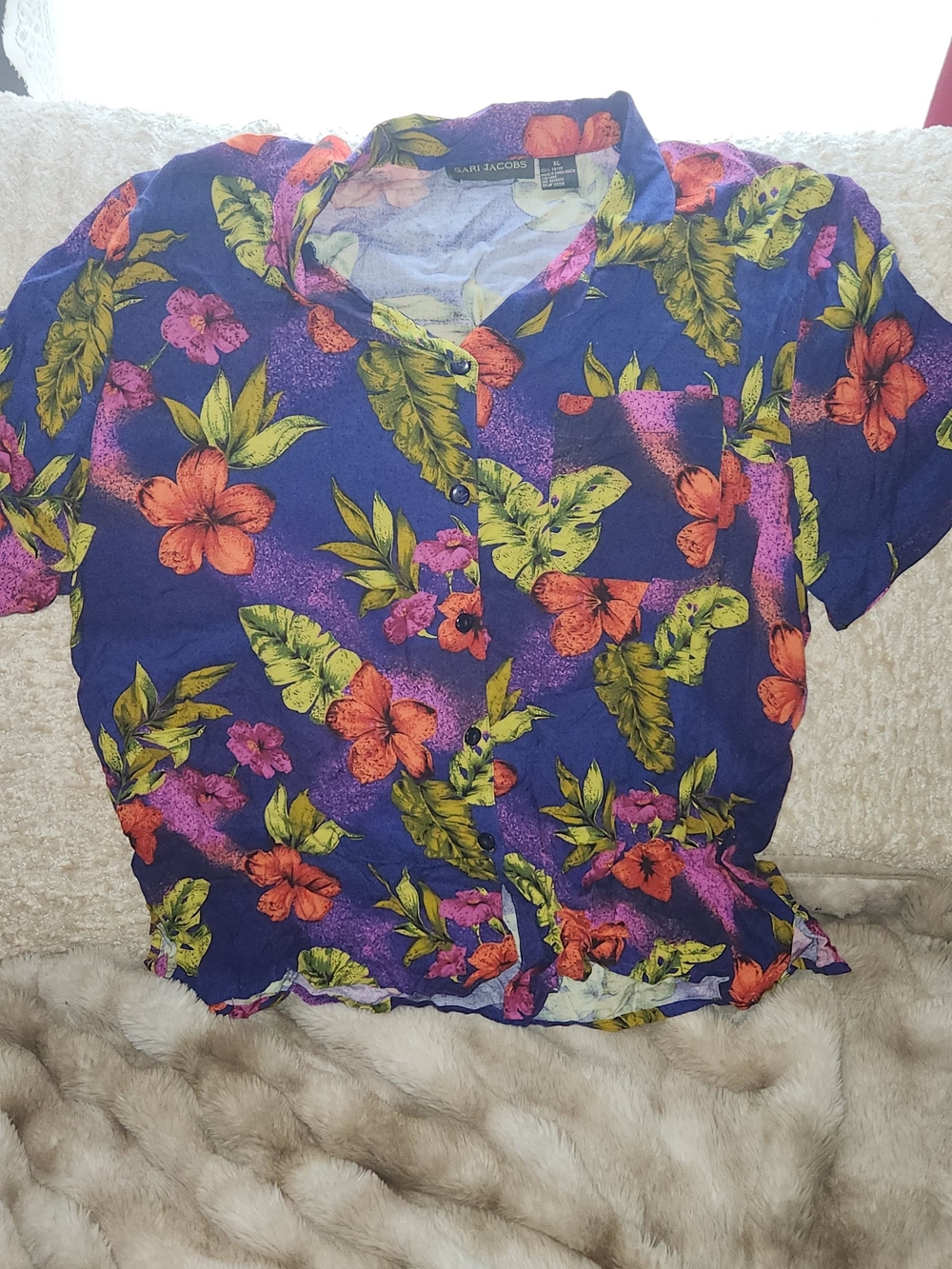 Sari Jacobs Purple Floral Button-Down Shirt with Orange & Green Accents